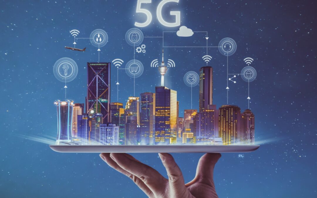 A stylised image representing a city, powered by 5G telecoms, carried in a human hand