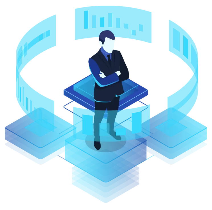 IT manager working on a laptop Illustration of an IT manager surrounded by network and data dashboards