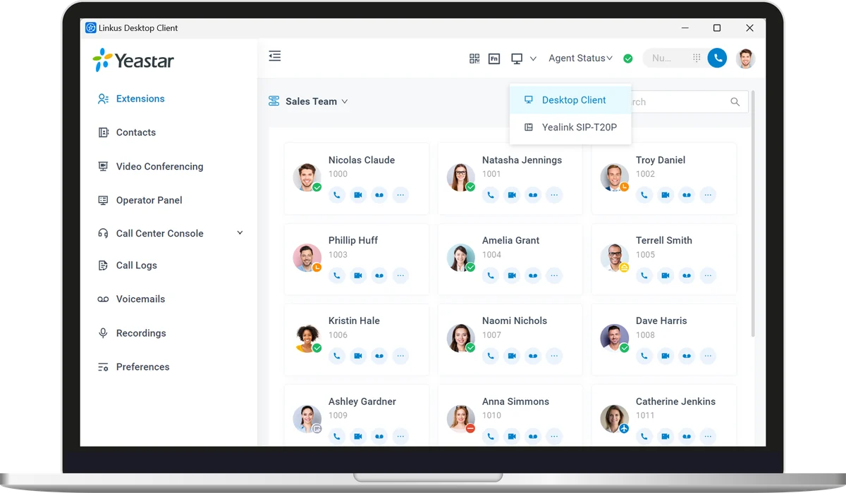 Yeastar Linkus desktop client showing extensions and presence