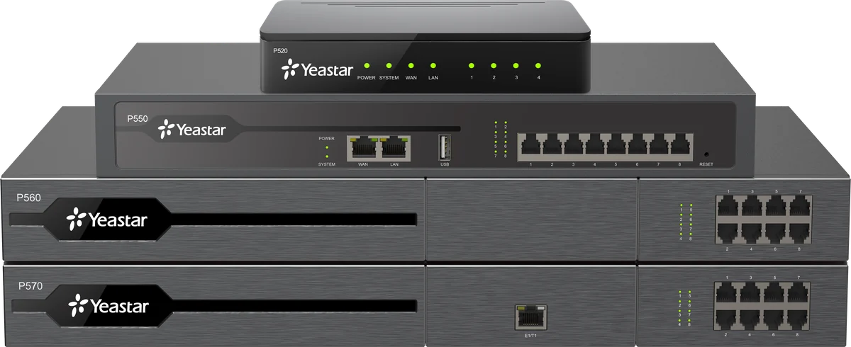 Yeastar P-Series on-site PBX appliances, P520, P550, P560 and P570, front view